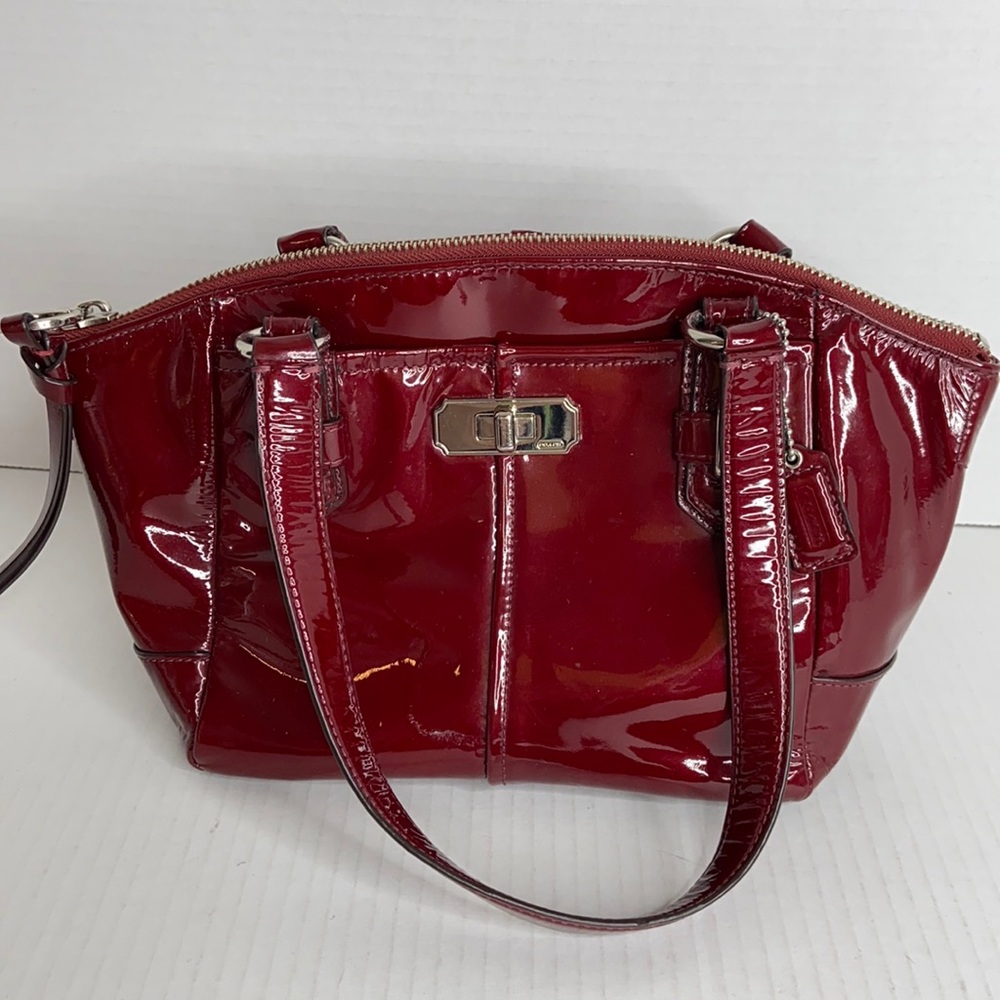 Coach small red patent bag 7 1/2 x 7 1/2 x 2 EUC